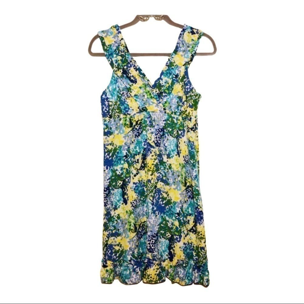 New Directions Blue and Yellow V Neck Floral Dress